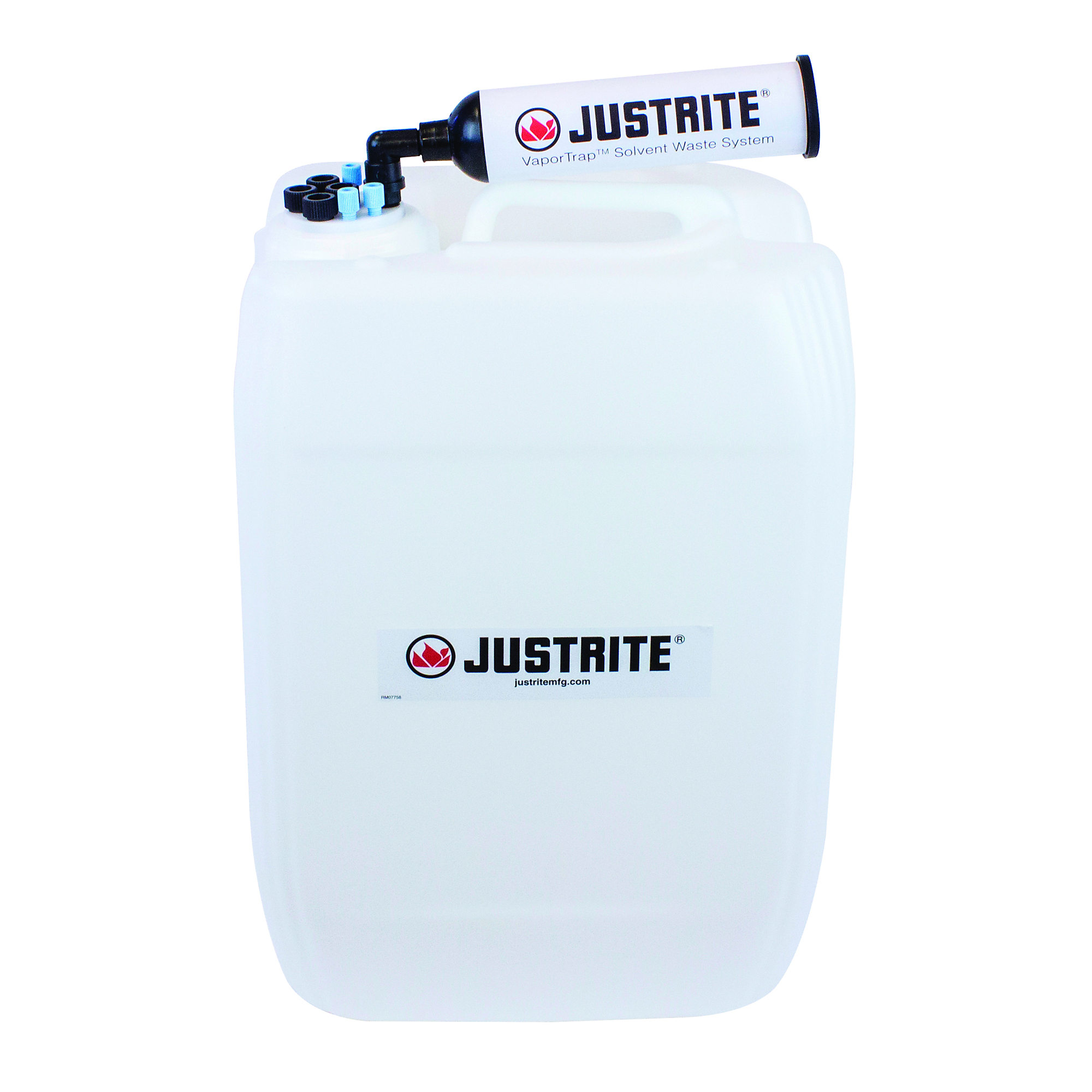 Justrite VaporTrap HDPE Carboy with Filter Kit — 20 Liters, UN/DOT Certified, 70mm Cap, 4 Ports for 1/8in. OD Tubing, 4 Ports for 1/4in. OD Tubing, Model# 12845